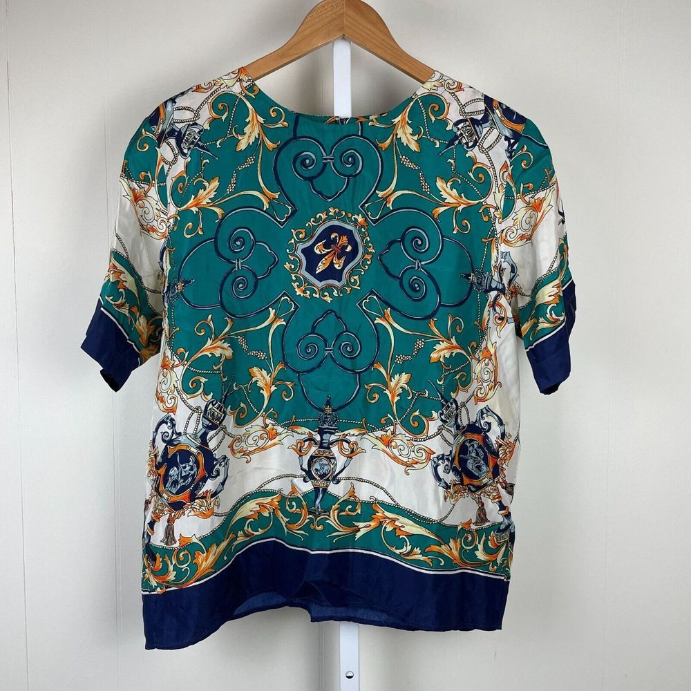 Vintage Stunt Collections Top Blouse 100%‎ Silk Baroque Print Boxy Womens Medium